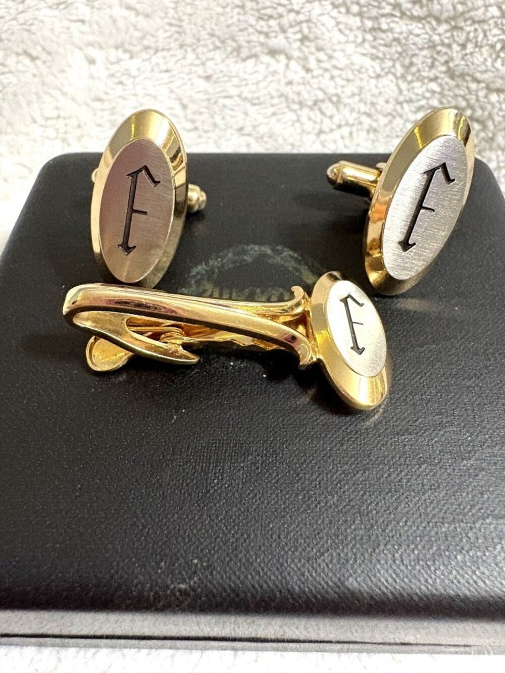 Vintage Hickok Monogram Initial J Cufflinks & Tie Clip Set Two-Tone With Box MCM